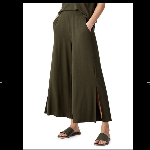 Eileen Fisher Fine Jersey Wide Leg Cropped Slit Pants Black Women's Size L - Picture 3 of 13